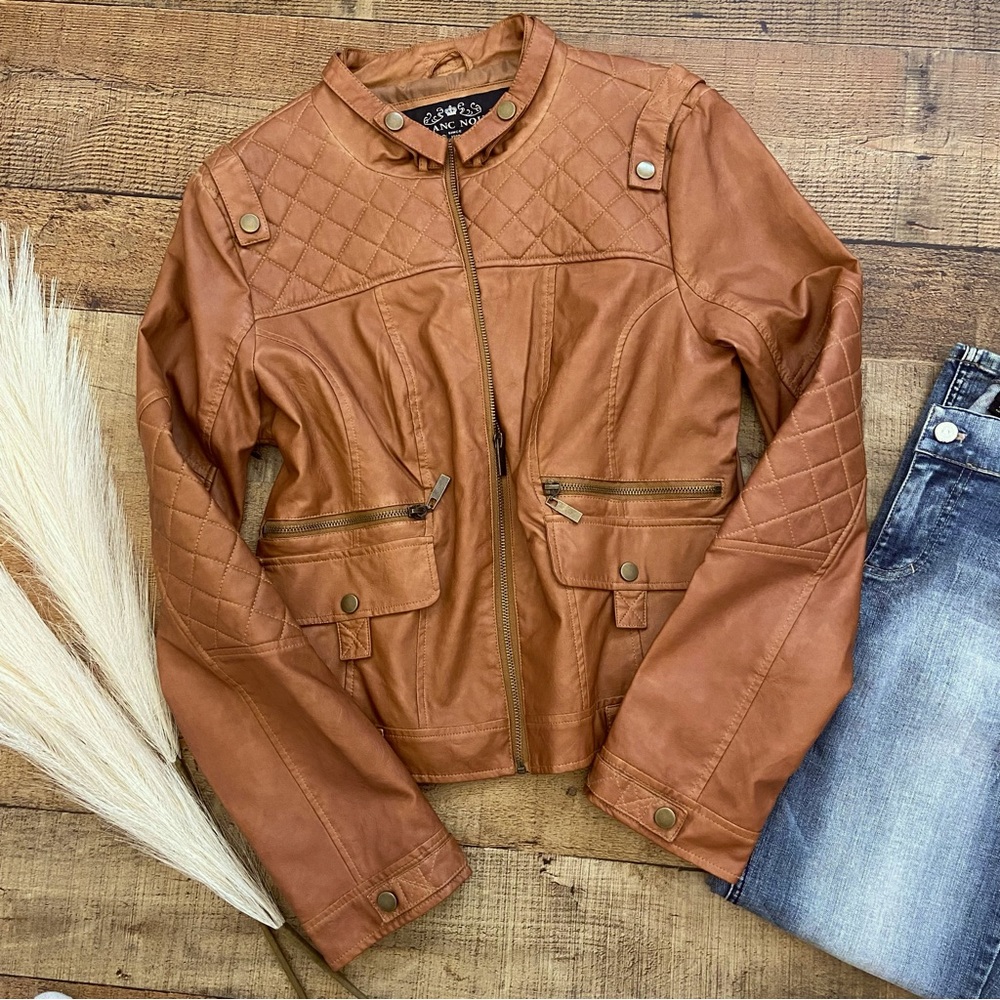 Cognac Quilted Moto Vegan Leather Jacket by BLANC NOIR - Picture 4 of 15
